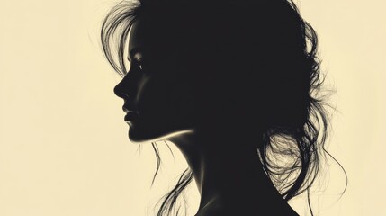 Naklejka premium Elegant profile silhouette of a woman with long flowing hair against a soft neutral background, highlighting grace and femininity in minimalistic art.