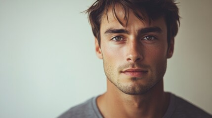 Obraz premium Close-up portrait of a young adult man with tousled hair wearing a gray shirt against a soft light background, exuding confidence and calmness.
