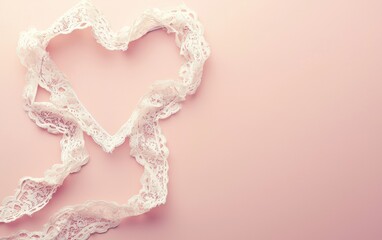 Mockup background with space for text featuring a delicate lace ribbon forming a heart shape over a soft pastel backdrop for a vintage romantic aesthetic for Saint Valentines Day 