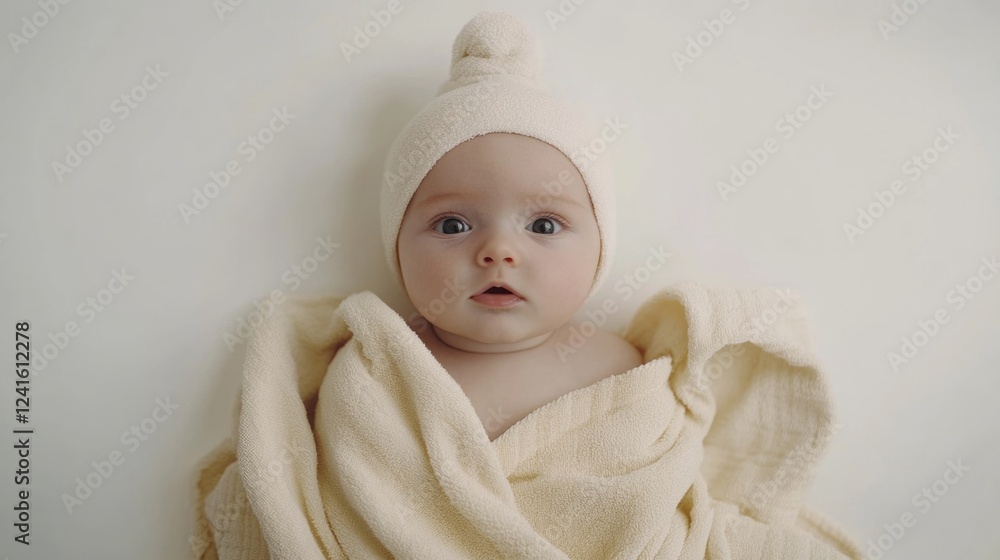 Poster newborn infant wrapped in soft cream towel wearing matching hat on light neutral background capturin