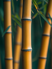 Golden bamboo stalks in garden, lush foliage background; nature photography for websites
