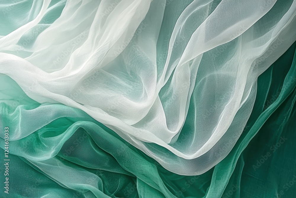 Poster light and airy fabric drapes create a serene pattern of teal and white textures in a soft arrangemen