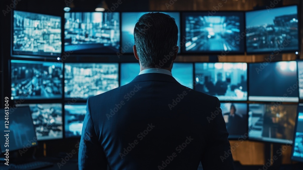 Poster businessman in a tailored suit observing multiple computer monitors in a high-tech office environmen