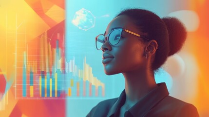 Professional stock photo of a focused biracial woman wearing glasses in a modern office environment, with vibrant blue and orange financial graphs and data visualizations superimposed, representing...
