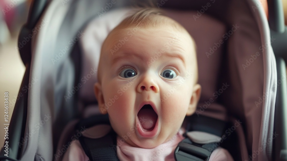 Poster portrait of an adorable infant in a stroller displaying a range of cute expressions with wide open e