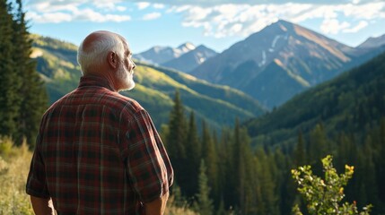 Senior man in plaid shirt standing amidst lush green mountains, enjoying nature and gazing at the expansive landscape under a clear blue sky.