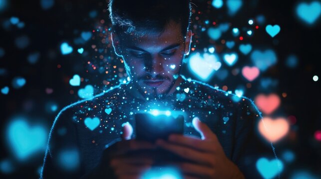 Caucasian young man engaging with smartphone amidst vibrant blue and pink heart animations symbolizing social media interaction and digital communication at night