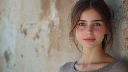 Fototapeta premium Young woman with long brown hair and green eyes, posed against a light textured wall, showcasing natural beauty and calm expression.