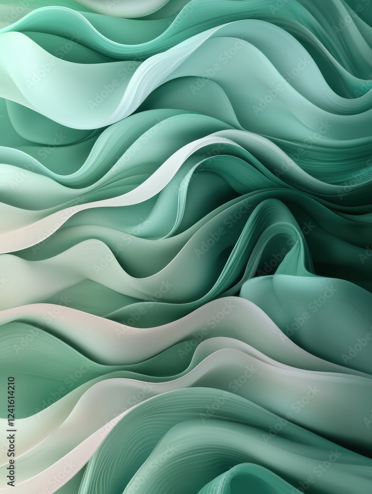 Poster flowing waves of green and white create a soothing abstract landscape in soft gradients. generative 