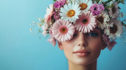 Creative portrait of young woman with floral crown featuring pink daisies and purple blooms against soft blue background, showcasing beauty and summer fashion.