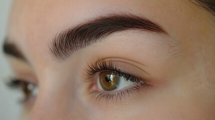 Obraz premium Close-up of beautiful young woman with perfectly shaped natural dark eyebrows and long dark eyelashes, showcasing subtle natural makeup and warm skin tones.