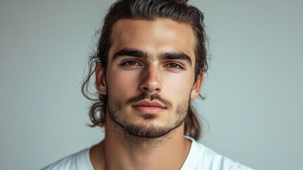 Obraz premium Portrait of a young man with long dark hair styled in a ponytail gazing confidently at the camera against a light gray background