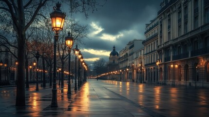 Serene Parisian Dawn: A Wet City Street