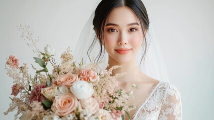 Naklejka premium elegant bride with long dark hair wearing a lace wedding gown holding a pastel floral bouquet smiling softly in a bright setting