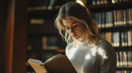 Thoughtful young woman with long wavy blonde hair reading a book in a cozy library environment surrounded by bookshelves and warm light.