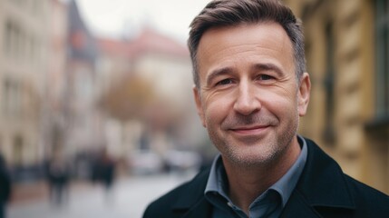 Obraz premium Smiling mature middle-aged man in a black coat standing outdoors in an urban setting with a blurred city background showcasing confident male beauty.