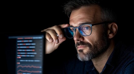 The Introspective Code: A focused developer, wearing glasses, intently observes a computer screen in a dimly lit environment, embodying concentration and technological expertise.