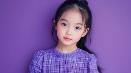 Young Asian girl dressed in a purple checkered outfit standing against a solid purple background conveying innocence and style.