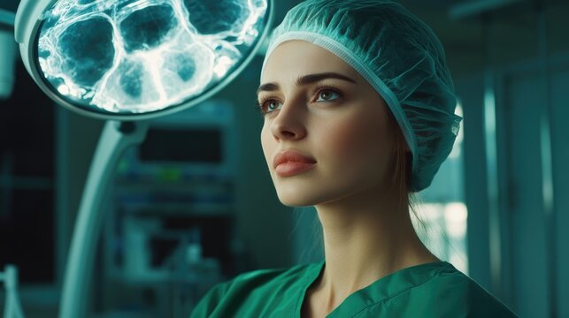Thoughtful young female doctor wearing green surgical uniform and cap gazing at X-ray images illuminated by bright light in modern medical facility. - Powered by Adobe