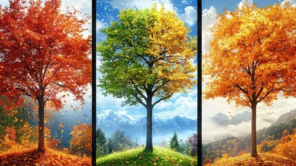 A Single Tree Showing The Four Seasons Of Autumn Winter Spring Summer