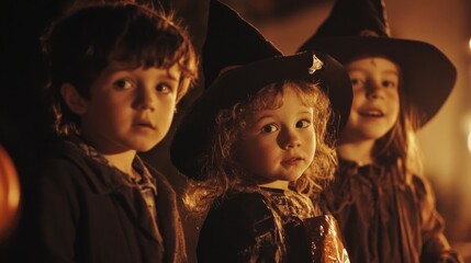 Obraz premium Cheerful young children in witch hats enjoying Halloween festivities while trick or treating at night with glowing pumpkins in the background