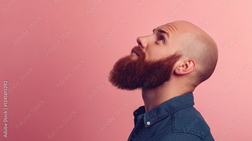 Poster bald and bearded man in profile looking up with thoughtful expression against soft pink background w