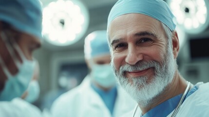 Senior male doctor smiling with colleagues in hospital operating room, wearing scrubs and surgical masks, illuminated by surgical lights in background.