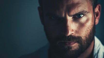 Obraz premium Intense Male Portrait with Serious Expression in Dark Studio Background Highlighting Strong Features and Deep Blue Eyes