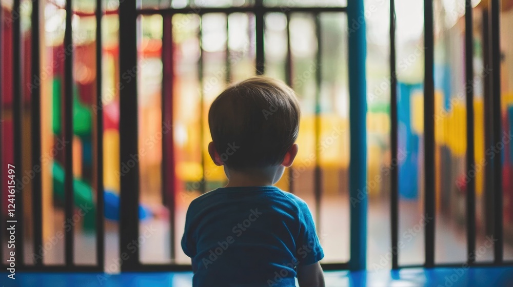 Poster young boy sitting alone in colorful playpen with blurred background of playground equipment in soft 