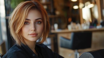 Obraz premium Beautiful adult Caucasian woman with stylish bob hairstyle and creative color seated in modern salon chair with elegant interior and soft lighting