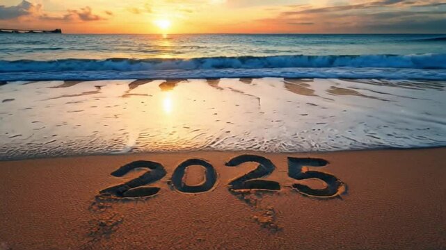At golden hour, gentle waves lap against the shore as the sun sets, highlighting the year 2025 etched in the warm sand, symbolizing hope and renewal.