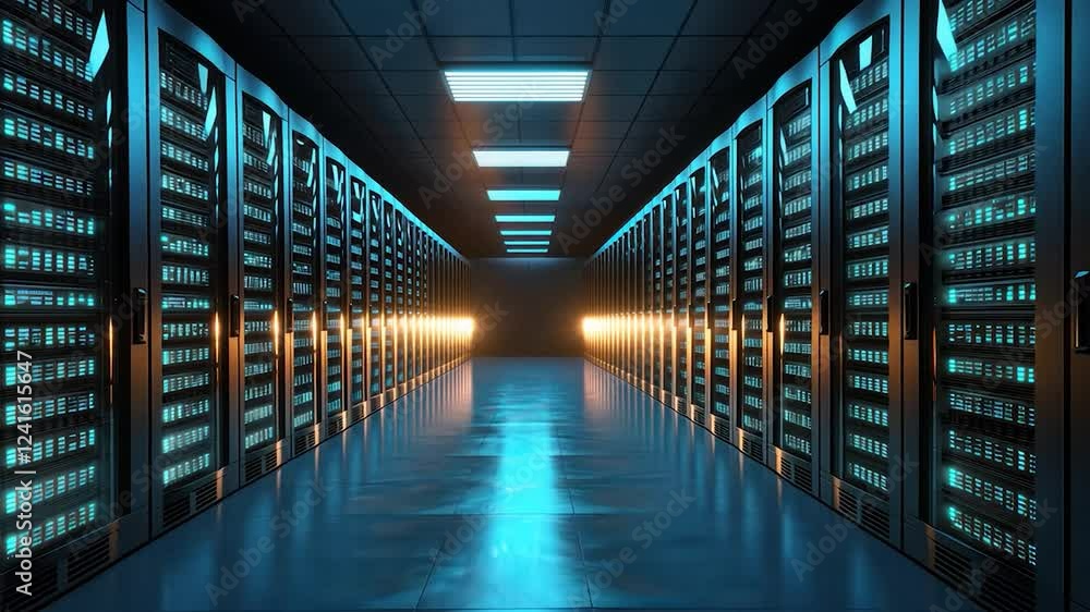 Poster a futuristic data center with glowing server racks and modern design.