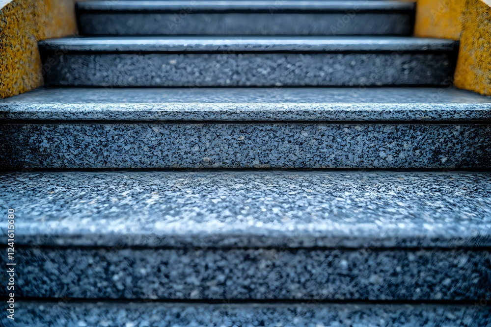 Poster close-up view of concrete steps with textured granite surface and yellow walls, creating depth persp