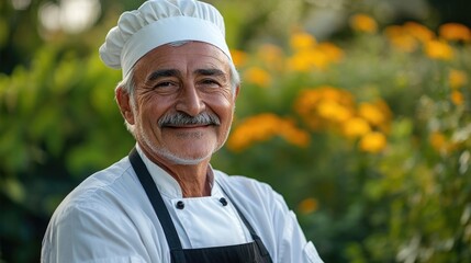 Smiling Senior Male Chef in White Uniform and Hat Posing Outdoors with Bright Orange Flowers in Background Showcasing Culinary Passion
