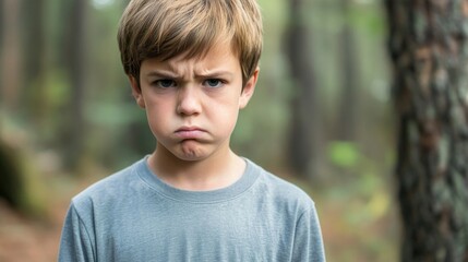 Frustrated young boy with brown hair wearing gray shirt expressing dissatisfaction in serene green woods setting, portrait capturing emotions.
