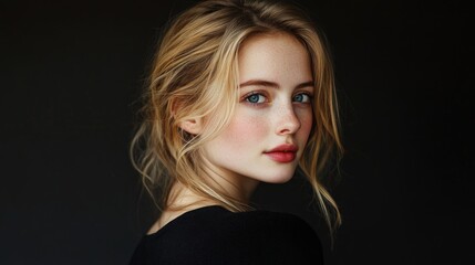 Fototapeta premium Young blonde woman with blue eyes and light complexion posing against a dark background, showcasing natural beauty and soft features.