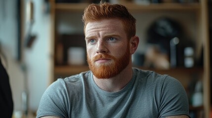 Obraz premium Confident redheaded man in gray t-shirt with trimmed beard contemplating future plans in modern barbershop with warm lighting and inspiring decor.