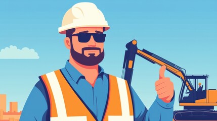 Fototapeta premium Construction worker giving a thumbs up with machinery background.