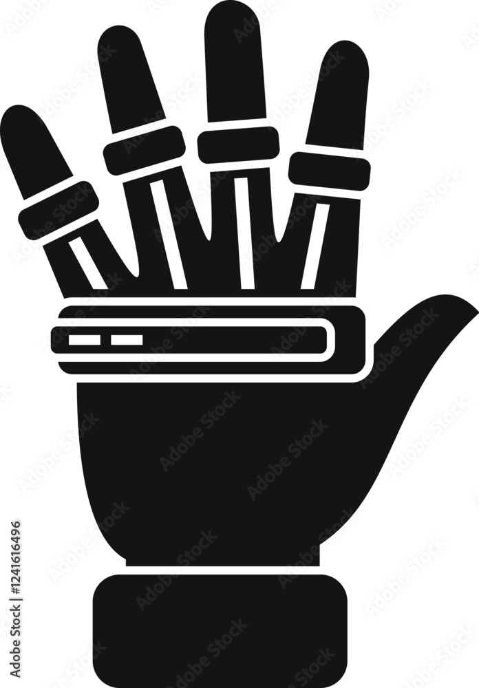 Poster human hand wearing a bionic glove with sensors, detecting and transmitting signals, innovative techn