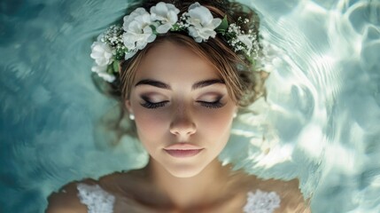 Naklejka premium bride with floral crown floating in serene turquoise water with closed eyes showcasing beauty and tranquility in a peaceful atmosphere