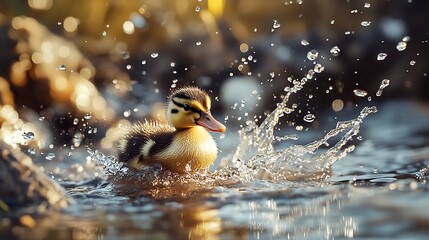 Bright Duckling Splashing Sunlit Ripples Stunning Detail DSLR Capture