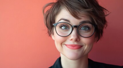 Bright and cheerful portrait of a young woman with short hair and glasses smiling and winking while taking a selfie against a coral background.