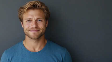 Obraz premium Smiling 30-year-old man with wavy glossy blond hair wearing a blue t-shirt against a gray background showcasing male beauty in a classic studio portrait.
