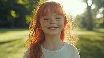 Smiling young girl with vibrant red hair and freckles enjoys a sunny day in a lush green park highlighting summer's warmth and joy.