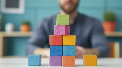Colorful building blocks stacked on a table with a blurred background.