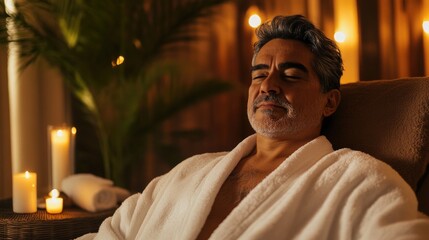 Relaxed middle aged man enjoying wellness in a serene spa environment with calming candles and lush decor promoting tranquility and mindfulness