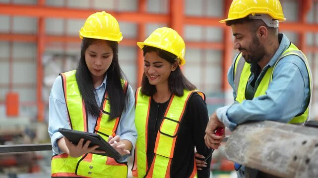 Construction Team Collaboration: Three construction workers, wearing hard hats and safety vests, huddle together reviewing plans on a tablet within a warehouse setting.