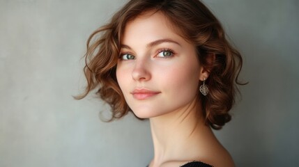 Naklejka premium Studio portrait of 20-year-old woman with wavy brown hair and light skin tone, wearing an elegant earring against a soft gray background.