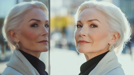 Elegant silver-haired senior woman wearing earrings, gazing with satisfaction at her facial reflection in a mirror outdoors, with a soft background blur.