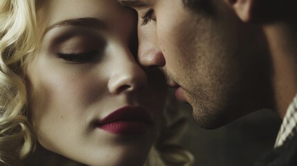 Fototapeta premium Intimate close-up of a beautiful blonde woman with wavy hair and bold red lips leaning in for a kiss with a man in a dimly lit setting.
